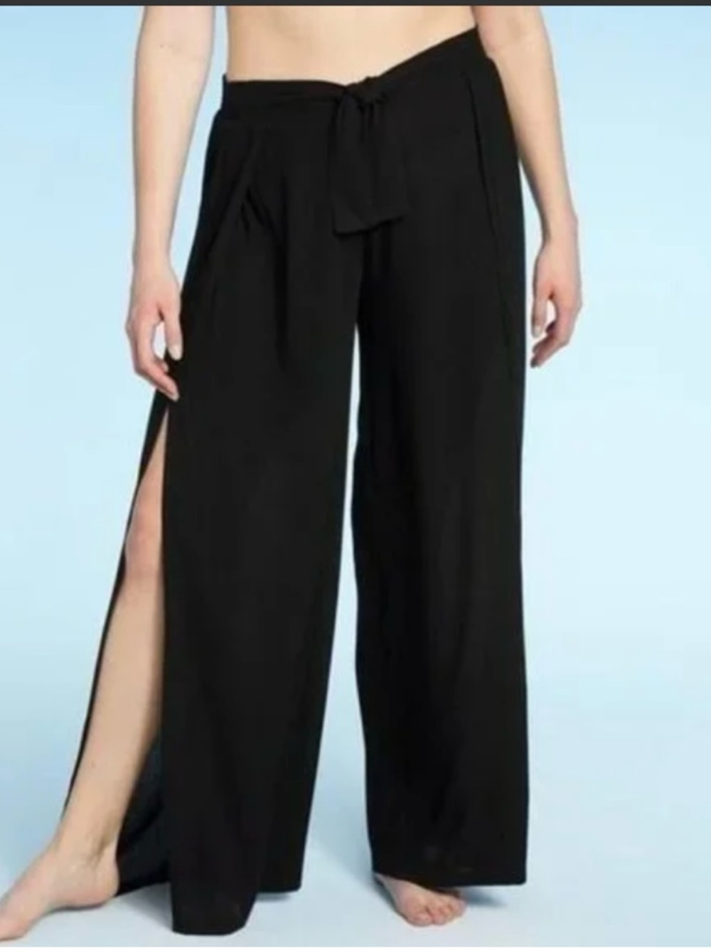 Kona Sol Black Wide-Leg Tie-Waist Split-Side Pants